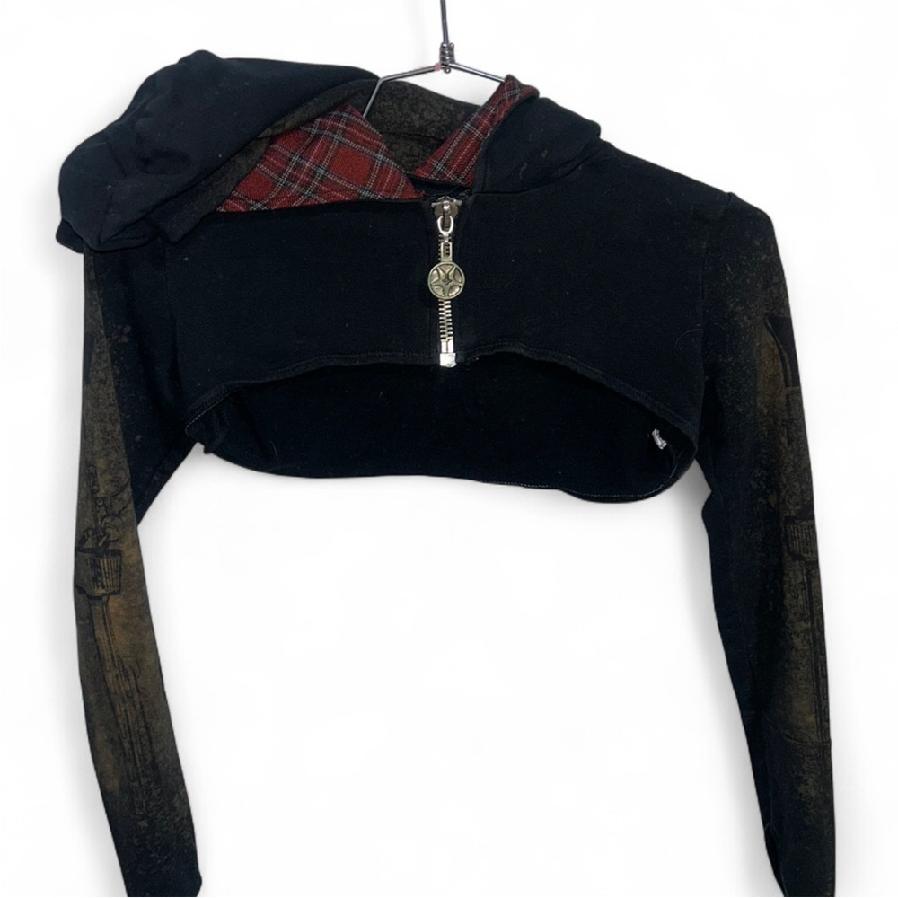Junker Designs Hooded Cropped Shrug Hoodie Plaid Hood Black Small